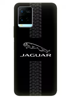 Чехол для Vivo Y21s из силикона - Jaguar Ягуар белый логотип крупным планом и следы шин колеса на черном фоне черный чехол