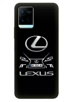 Чехол для Vivo Y21s из силикона - Lexus Лексус классический логотип крупным планом и название с номерным знаком и передней части кузова на черном фоне черный чехол