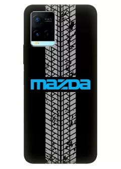 Чехол для Vivo Y21s из силикона - Mazda Мазда синее название крупным планом и следы шин колеса вектор-арт на черном фоне черный чехол