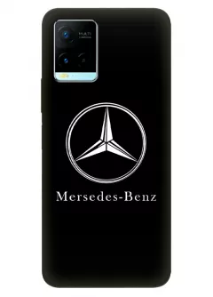 Бампер для Vivo Y21s из силикона - Mercedes-Benz Мерседес-Бенц Мерс классический логотип крупным планом и название на черном фоне черный чехол
