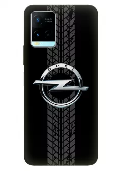 Наладка для Vivo Y21s из силикона - Opel Опель классический логотип крупным планом и следы шин колеса на черном фоне черный чехол