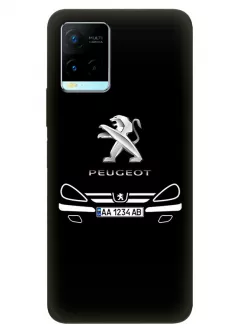 Наладка для Vivo Y21s из силикона - Peugeot Пежо классический логотип крупным планом с номерным знаком и передней частью кузова на черном фоне черный чехол (Дизайн 2)