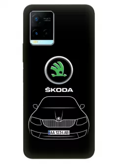 Виво У21с чехол силиконовый - Skoda Шкода логотип и автомобиль машина Octavia Rapid Superb Fabia Scala вектор-арт купе седан с номерным знаком на черном фоне черный чехол