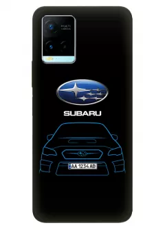 Виво У21с чехол из силикона - Subaru Субару логотип и автомобиль машина синяя Impreza WRX вектор-арт купе седан с номерным знаком на черном фоне черный чехол