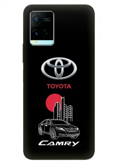 Чехол для Виво У21с из силикона - Toyota Тойота логотип и автомобиль машина Camry вектор-арт купе седан на черном фоне черный чехол