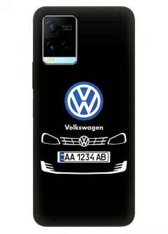 Бампер для Виво У21с из силикона - Volkswagen Фольксваген классический логотип крупным планом с номерным знаком и передней частью кузова на черном фоне черный чехол (Дизайн 2)