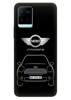 Бампер для Vivo Y33s из силикона - Mini Мини логотип и автомобиль машина Cooper вектор-арт с номерным знаком на черном фоне черный чехол