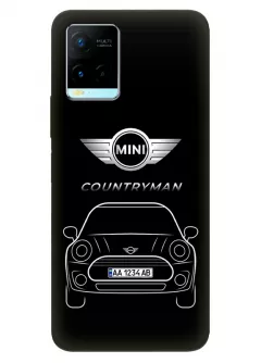 Бампер для Vivo Y33s из силикона - Mini Мини логотип и автомобиль машина Countryman вектор-арт с номерным знаком на черном фоне черный чехол