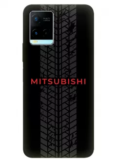 Бампер для Vivo Y33s из силикона - Mitsubishi Мицубиси Митсубиши красное название крупным планом и следы шин колеса на черном фоне черный чехол