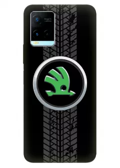 Виво У33с чехол из силикона - Skoda Шкода классический логотип крупным планом и следы шин колеса на черном фоне черный чехол