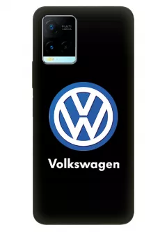 Бампер для Виво У33с из силикона - Volkswagen Фольксваген классический логотип крупным планом и название на черном фоне черный чехол