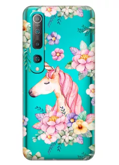 Чехол на Xiaomi Mi 10 для девочек - Единорог в цветах