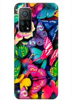 Xiaomi Mi 10T Pro бампер силиконовый с яркими разноцветными бабочкаии