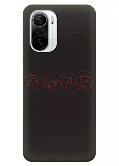 Бампер для Xiaomi Poco F3 из силикона - Очень странные дела Stranger Things Майк Уилер Дастин Хендерсон Лукас Синклер Уилл Байерс и их красные очертания лиц вектор-арт серый чехол