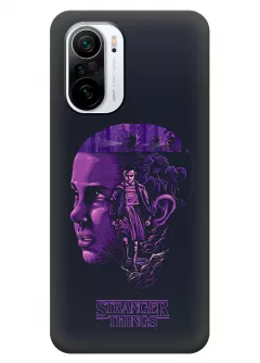 Бампер для Xiaomi Poco F3 из силикона - Очень странные дела Stranger Things фиолетовый силуэт лица Одиннадцать Милли Бобби Браун черный чехол