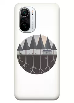 Бампер для Xiaomi Poco F3 из силикона - Очень странные дела Stranger Things круглый логотип в стиле леса с домиком вектор-арт белый чехол