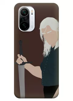 Чехол-накладка для Xiaomi Poco F3 из силикона - Ведьмак сериал Нетфликс The Witcher Netflix Serial Геральт из Ривии Генри Кавилл держит меч крупным планом вектор-арт коричневый чехол
