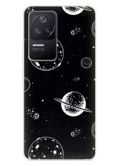 Силиконовый бампер на Поко Ф4 с черно-белым принтом планет