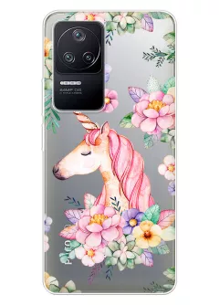 Чехол на Xiaomi Poco F4 для девочек - Единорог в цветах