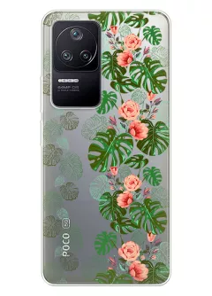 Чехол на Xiaomi Poco F4 с картинкой на прозрачном силиконе - Тропические листья