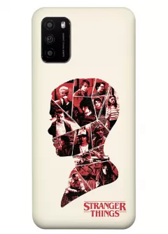 Бампер для Xiaomi Poco M3 из силикона - Очень странные дела Stranger Things коллаж из главных героев на фоне силуэта Одиннадцать Милли Бобби Браун бежевый чехол