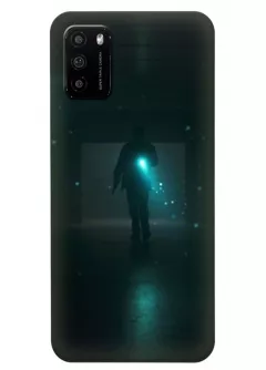 Бампер для Xiaomi Poco M3 из силикона - Очень странные дела Stranger Things главный герой освещает темный коридор черный чехол