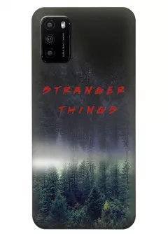 Бампер для Xiaomi Poco M3 из силикона - Очень странные дела Stranger Things красное название на фоне леса