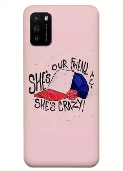 Бампер для Xiaomi Poco M3 из силикона - Очень странные дела Stranger Things She’s Our Friend She’s Crazy и кепка Дастина Хендерсона розовый чехол