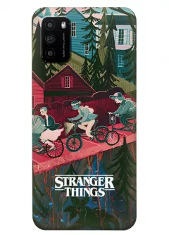 Бампер для Xiaomi Poco M3 из силикона - Очень странные дела Stranger Things название на фоне главных героев в мультяшном стиле проезжающих через мост