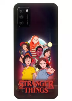 Бампер для Xiaomi Poco M3 из силикона - Очень странные дела Stranger Things постер с Одиннадцать Милли Бобби Браун и главными героями в мультяшном стиле