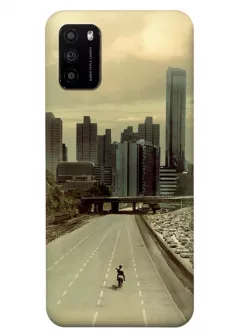 Чехол-накладка для Xiaomi Poco M3 из силикона - Ходячие мертвецы The Walking Dead главный герой направляется на лошади в заброшенный мегаполис