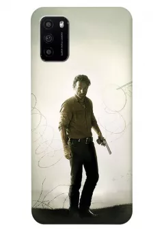 Чехол-накладка для Xiaomi Poco M3 из силикона - Ходячие мертвецы The Walking Dead Рик Граймс Эндрю Линкольн стоит с пистолетом у колючей проволоки