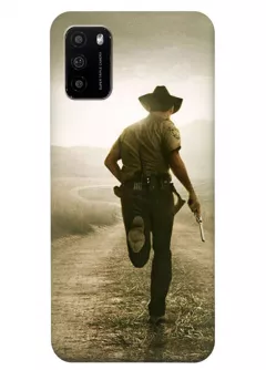 Чехол-накладка для Xiaomi Poco M3 из силикона - Ходячие мертвецы The Walking Dead шериф убегающий с пистолетом от зомби