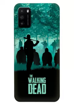 Чехол-накладка для Xiaomi Poco M3 из силикона - Ходячие мертвецы The Walking Dead бирюзово-черный постер с главными героями в окружении противников в лесу