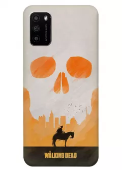 Чехол-накладка для Xiaomi Poco M3 из силикона - Ходячие мертвецы The Walking Dead главный герой на коне на фоне заброшенного мегаполиса c небом в виде черепа