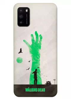 Чехол-накладка для Xiaomi Poco M3 из силикона - Ходячие мертвецы The Walking Dead Рик Граймс посреди поля с воронами на фоне зеленой руки зомби серый чехол