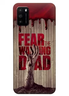 Чехол-накладка для Xiaomi Poco M3 из силикона - Ходячие мертвецы The Walking Dead кровавый постер с названием и рукой зомби в деревянном стиле