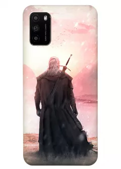 Чехол-накладка для Xiaomi Poco M3 из силикона - Ведьмак сериал Нетфликс The Witcher Netflix Serial Геральт из Ривии Генри Кавилл с мечем за спиной смотрит в даль