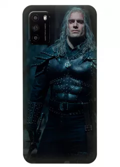Чехол-накладка для Xiaomi Poco M3 из силикона - Ведьмак сериал Нетфликс The Witcher Netflix Serial Геральт из Ривии Генри Кавилл в боевых доспехах с грозным взглядом