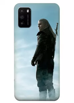 Чехол-накладка для Xiaomi Poco M3 из силикона - Ведьмак сериал Нетфликс The Witcher Netflix Serial Геральт из Ривии Генри Кавилл стоит с мечем в полный рост
