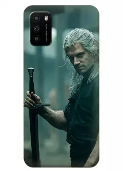 Чехол-накладка для Xiaomi Poco M3 из силикона - Ведьмак сериал Нетфликс The Witcher Netflix Serial Геральт из Ривии Генри Кавилл держит меч наблюдая за происходящем