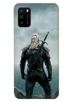 Чехол-накладка для Xiaomi Poco M3 из силикона - Ведьмак сериал Нетфликс The Witcher Netflix Serial Геральт из Ривии Генри Кавилл с мечем вид сзади 