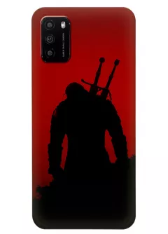 Чехол-накладка для Xiaomi Poco M3 из силикона - Ведьмак сериал Нетфликс The Witcher Netflix Serial Геральт из Ривии Генри Кавилл с двумя мечами вид сзади в тени красный чехол