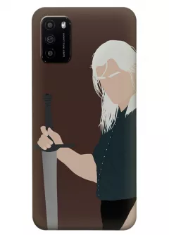 Чехол-накладка для Xiaomi Poco M3 из силикона - Ведьмак сериал Нетфликс The Witcher Netflix Serial Геральт из Ривии Генри Кавилл держит меч крупным планом вектор-арт коричневый чехол