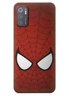 Бампер для Poco M3 Pro из силикона - Человек-паук Комикс Марвел Marvel Comics Spider-Man глаза Питера Паркера на фоне паутины красный чехол