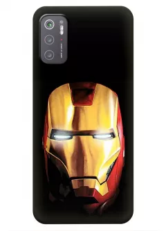 Бампер для Poco M3 Pro 5G из силикона - Железный человек Комикс Марвел Marvel Comics Iron Man невозмутимый взгляд шлема Тони Старка крупным планом черный чехол