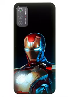 Бампер для Poco M3 Pro 5G из силикона - Железный человек Комикс Марвел Marvel Comics Iron Man энергетический взгляд Тони Старка черный чехол