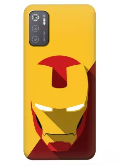 Бампер для Poco M3 Pro 5G из силикона - Железный человек Комикс Марвел Marvel Comics Iron Man шлем Тони Старка крупным планом вектор-арт желтый чехол