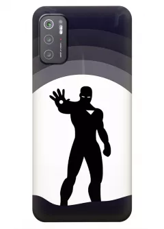 Бампер для Poco M3 Pro 5G из силикона - Железный человек Комикс Марвел Marvel Comics Iron Man Тони Старк готовится атаковать лазером из руки вектор-арт черный чехол