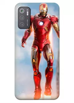 Бампер для Poco M3 Pro 5G из силикона - Железный человек Комикс Марвел Marvel Comics Iron Man Тони Старк задержался в воздухе во время реактивного взлета